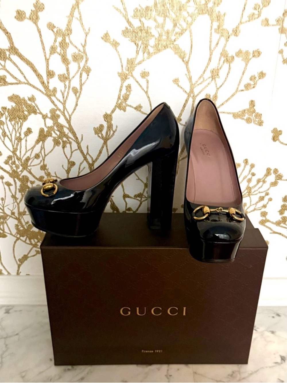 Gucci Black Patent Leather Platform Heels with Gold Horsebit